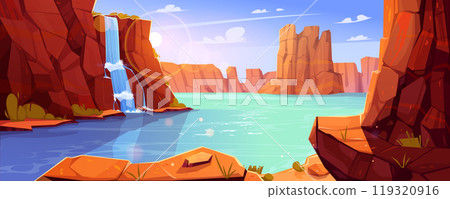 Canyon landscape with river and waterfall 119320916