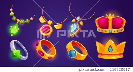 Gold jewelry icons, rings, necklaces, crowns Gold jewelry icons, rings, necklaces, crowns 119320917
