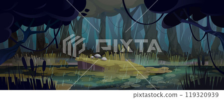 Jungle forest swamp with rain vector background Jungle forest swamp with rain vector background 119320939