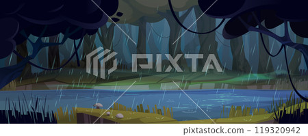 Rain in forest with lake landscape background Rain in forest with lake landscape background 119320942