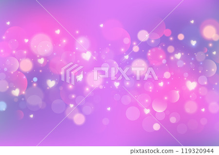 Pink and purple blurred background with hearts bokeh and glitter. Valentine day romantic backdrop with dreamy sparkles and stars. Bright color gradation sky with magic soft light. Vector 119320944