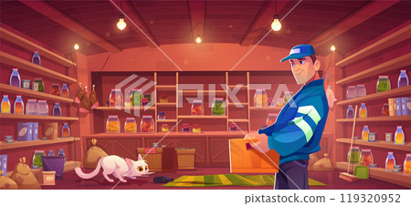 Cat and man in home larder holding box vector room 119320952