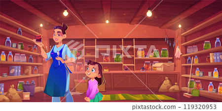 Larder interior with woman and daughter cartoon 119320953