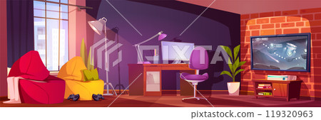 Teen girls room interior with video game on tv 119320963