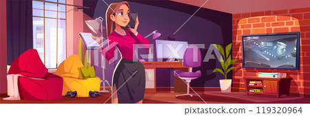 Woman talking in play room with tv cartoon vector 119320964