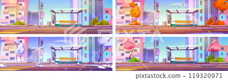 Bus station on city street road season vector set 119320971