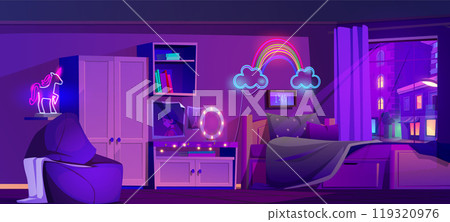 Night teen bedroom with neon light illustration 119320976