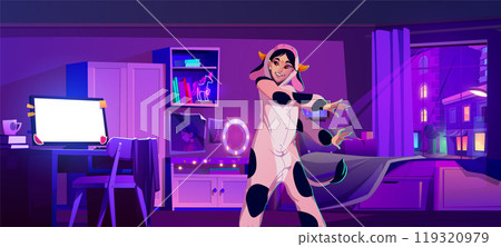 Night teen neon bedroom interior illustration 119320979