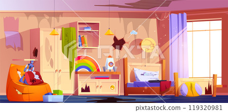 Dirty and messy kid bedroom cartoon illustration 119320981