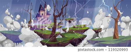 Cartoon rain game background with fantasy castle 119320993