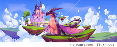 Fantasy castle and magic dragon on islands in sky Fantasy castle and magic dragon on islands in sky 119320995