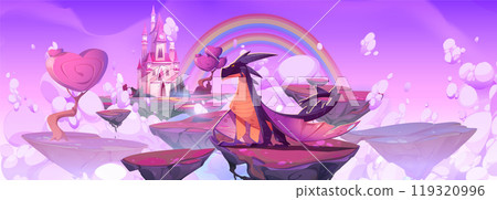 Fantasy castle on floating island and magic dragon Fantasy castle on floating island and magic dragon 119320996
