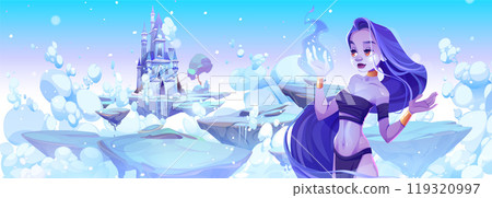 Winter queen looking at frozen castle on island Winter queen looking at frozen castle on island 119320997