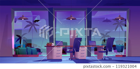 Office interior with computers at night 119321004