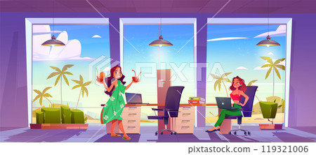 Woman in tropic work office room near sea beach 119321006
