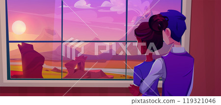 Couple looking at romantic sunset through window 119321046