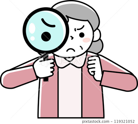 一位高級女性的上半身透過放大鏡，表情嚴峻 119321052