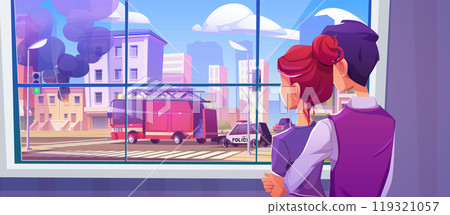 Couple watching from window on burning building 119321057