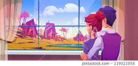 Couple watching house window on village landscape Couple watching house window on village landscape 119321058