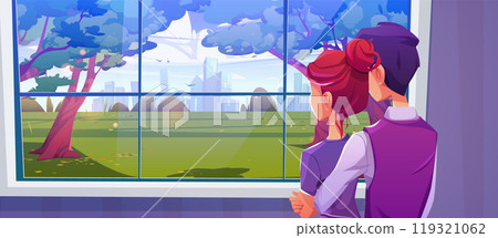 Couple watching on city park view from home window Couple watching on city park view from home window 119321062