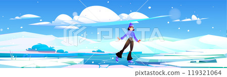 Active young woman ice skating outdoors 119321064