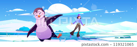 Girl ice skating, dancing penguin vector landscape 119321065