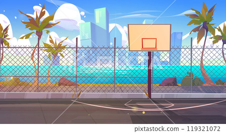 Sunny street basketball court, cityscape skyline Sunny street basketball court, cityscape skyline 119321072