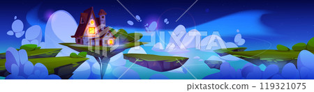 Fantasy house floating on island in night sky 119321075