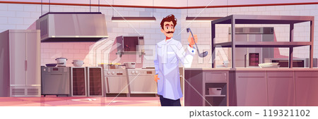 Chef on restaurant kitchen interior 119321102