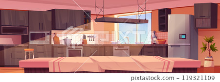 Cartoon home kitchen interior table view vector Cartoon home kitchen interior table view vector 119321109