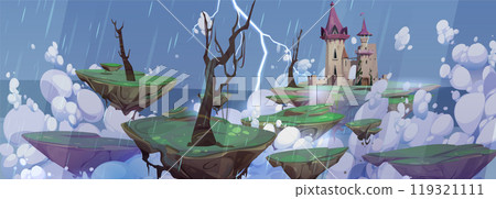 Cartoon rain game background with fantasy castle Cartoon rain game background with fantasy castle 119321111