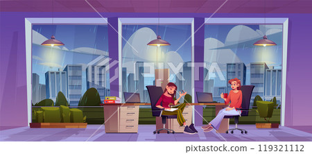 Female company employees in office on rainy day 119321112