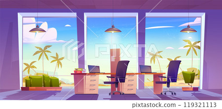 Seaside company office interior with palm trees 119321113