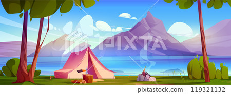 Lake and mountain near forest vector landscape Lake and mountain near forest vector landscape 119321132