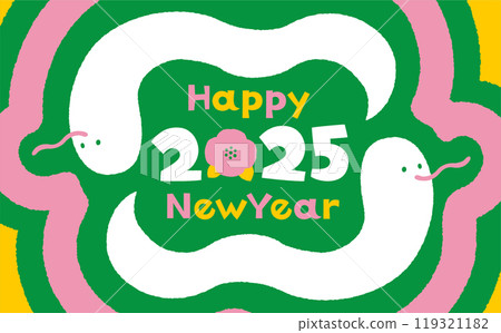 Cute and stylish New Year's cards and New Year's materials with Nordic pop snakes for the year 2025, the year of the snake. Perfect for cards and banner ads. 119321182