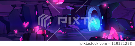 Cartoon cave with pink crystals on stone walls 119321258