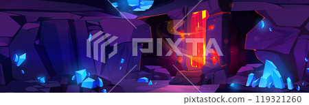 Cartoon cave with blue crystals on stone walls 119321260