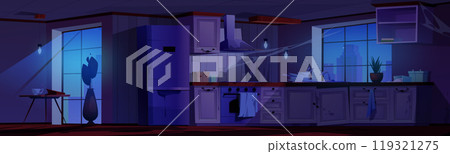 Night abandoned kitchen interior and table cartoon Night abandoned kitchen interior and table cartoon 119321275