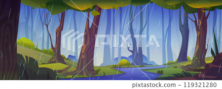 Rain in fantasy forest cartoon vector background Rain in fantasy forest cartoon vector background 119321280