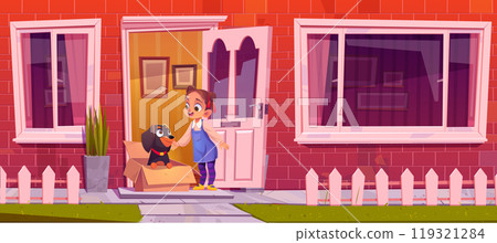Child welcome dog in box at open home front door Child welcome dog in box at open home front door 119321284
