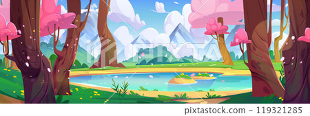 Cherry forest, lake and mountain nature landscape 119321285