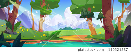 Forest nature with lake and mountain vector scene 119321287