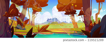 Autumn forest landscape with lake and tree vector 119321289