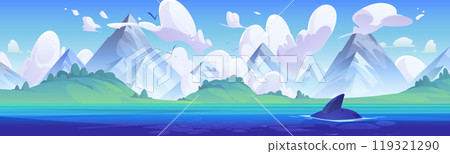 Dolphin fin in sea near island and mountain vector 119321290