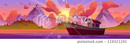 Fishing boat on mountain lake against sunset sky 119321291