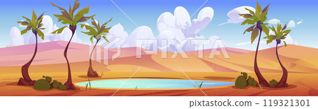 Egypt desert oasis, pond and palm tree landscape 119321301