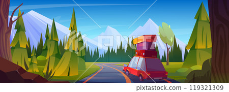 Car with luggage on top driving forest highway 119321309