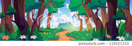 Forest road to mountain summer sky background 119321310