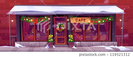 Christmas cafe decorated with garlands 119321312