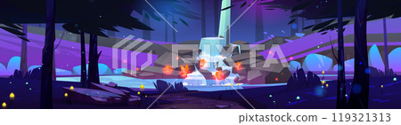 Night fantasy forest with magic waterfall vector 119321313